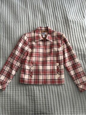 Pendleton Cream and Red Plaid Wool Zip Jacket